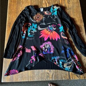 Chico's Pink Asymmetrical Graphic Long Sleeve Blouse